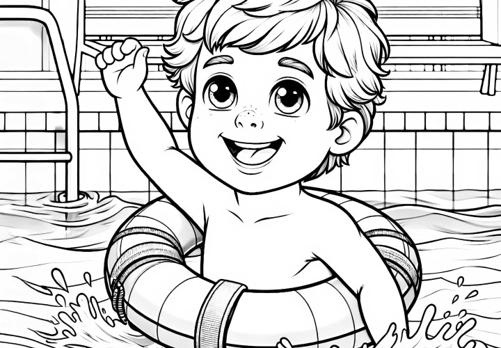 Anak belajar berenang - Gambar untuk diwarnai yang detail dan gratis