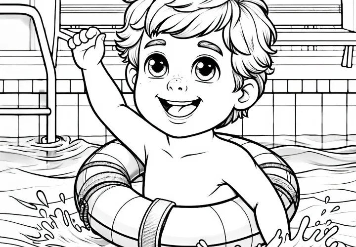 Child learns to swim - detailed coloring page for free