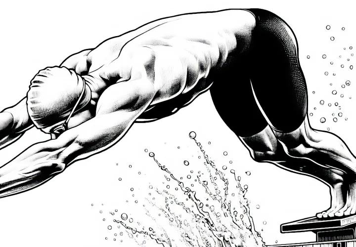 Swimmer dives powerfully from the starting block into the water – Detailed coloring template