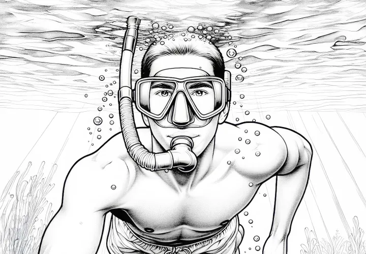 Diver with swimming goggles and snorkel – Download free coloring page