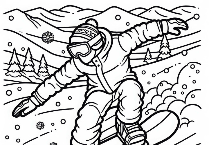 Un snowboardeur dévale la piste enneigée - Modèle à colorier gratuit