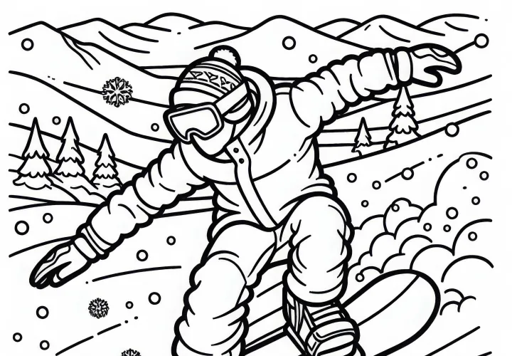 Snowboarder races down the snow-covered slope – Free coloring page