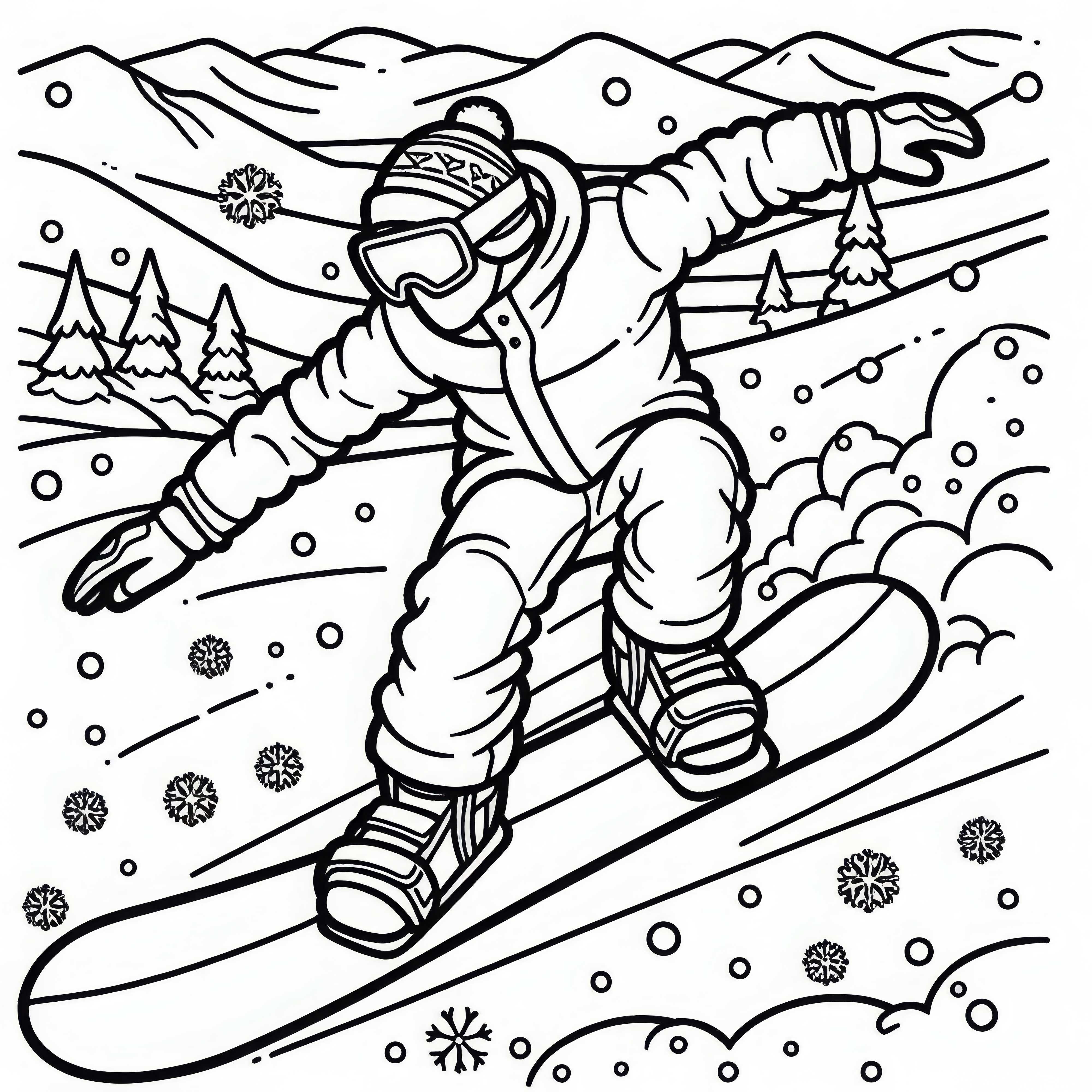 Le snowboarder dévale la piste enneigée – Colorier gratuite