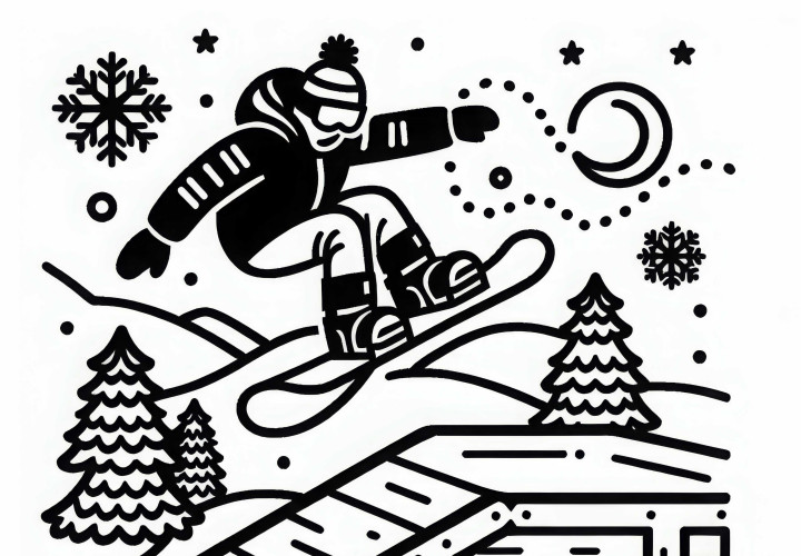 Snowboardeur saute par-dessus la rampe - Dessin à colorier simple et gratuit
