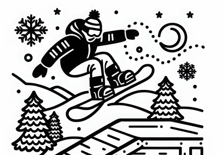 Snowboarder jumps over ramp - coloring page simple and free