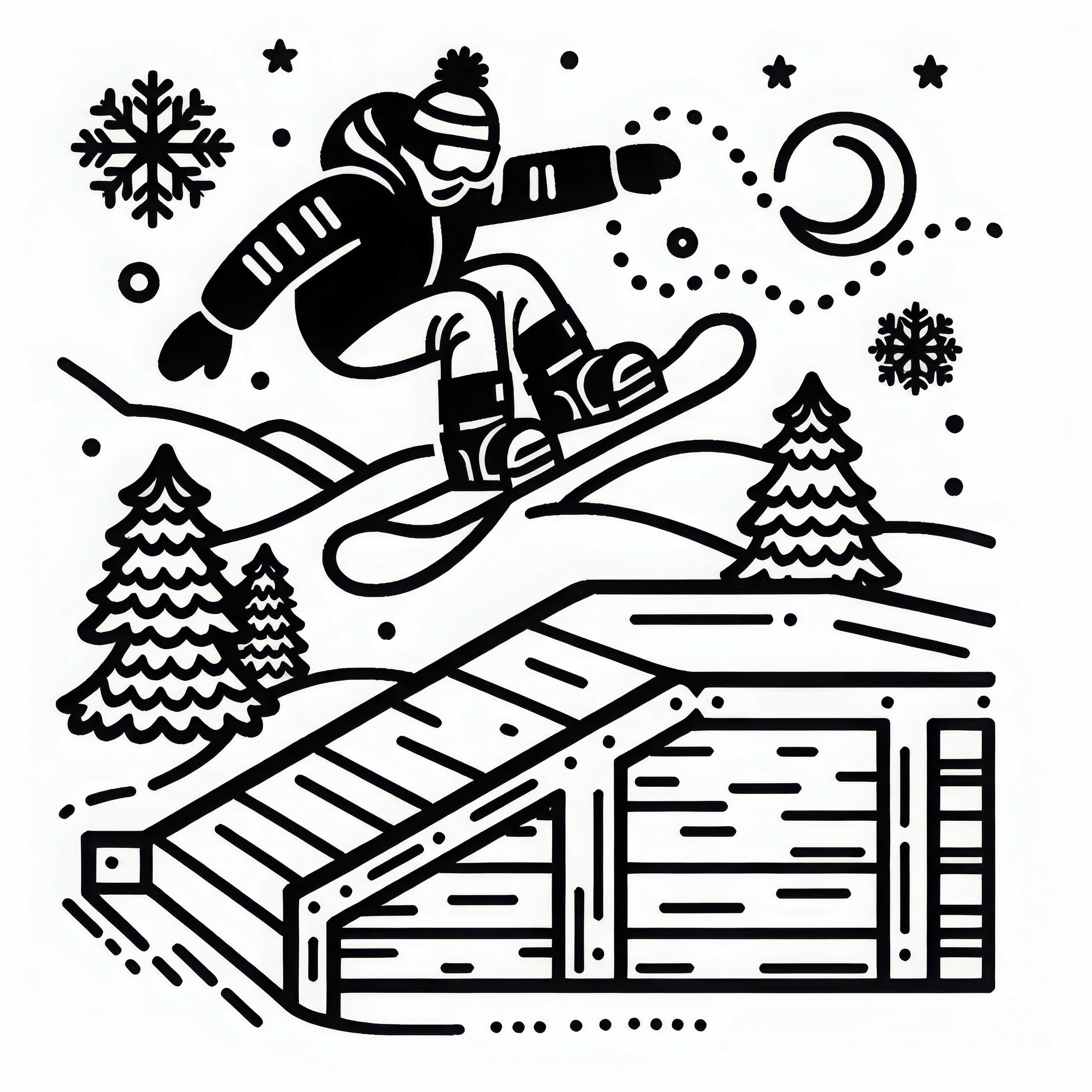 Snowboardeur saute par-dessus la rampe - Dessin à colorier facile et gratuit