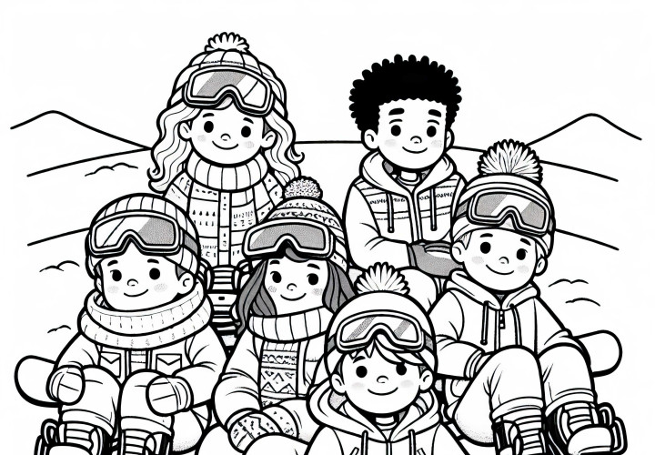 Groupe de snowboarders assis dans la neige et faisant une pause – coloriage gratuit