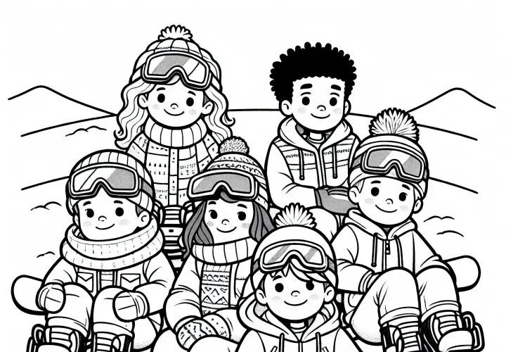 Group of snowboarders sitting in the snow and taking a break - free coloring page