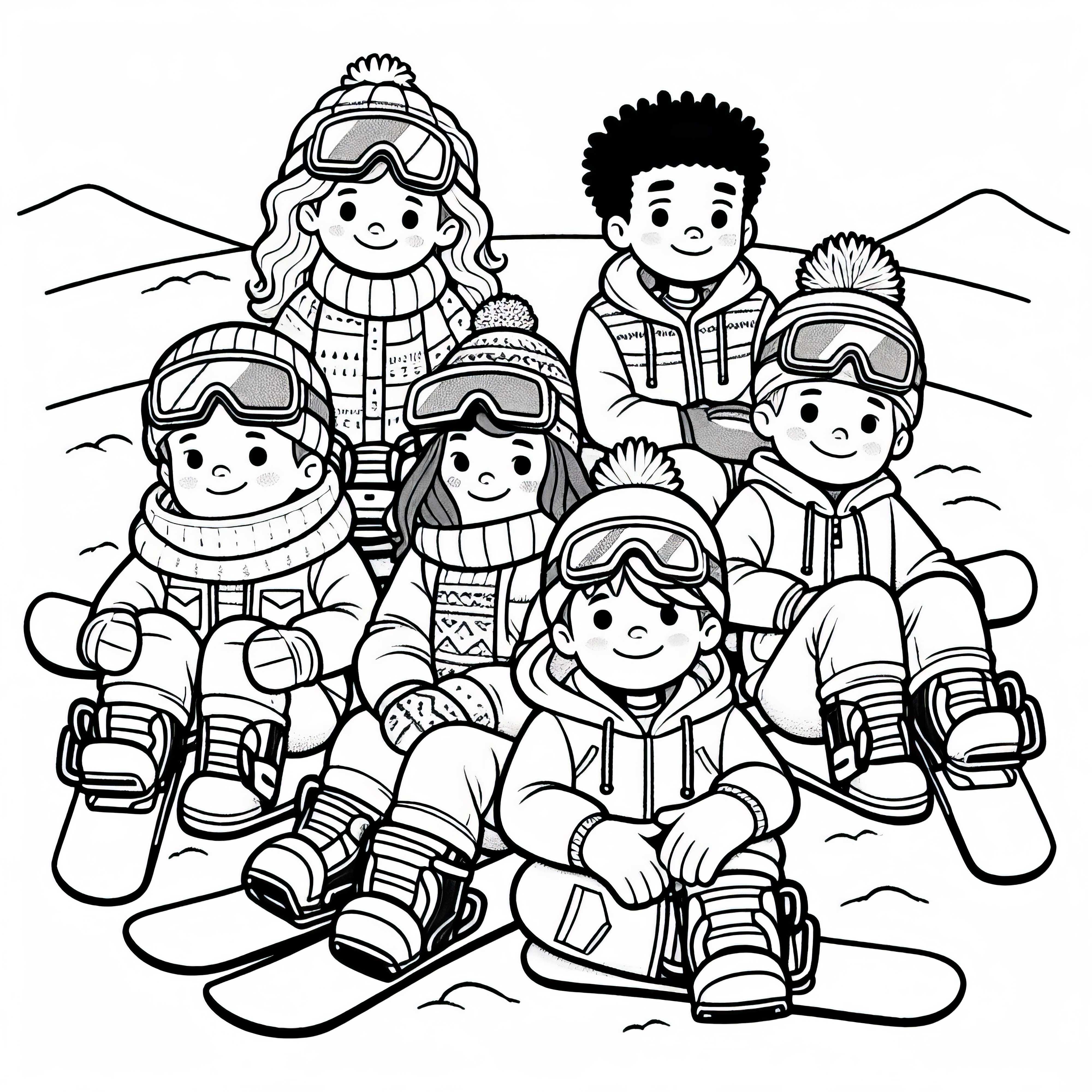 Groupe de snowboarders assis dans la neige et en pause – Dessin à colorier gratuit