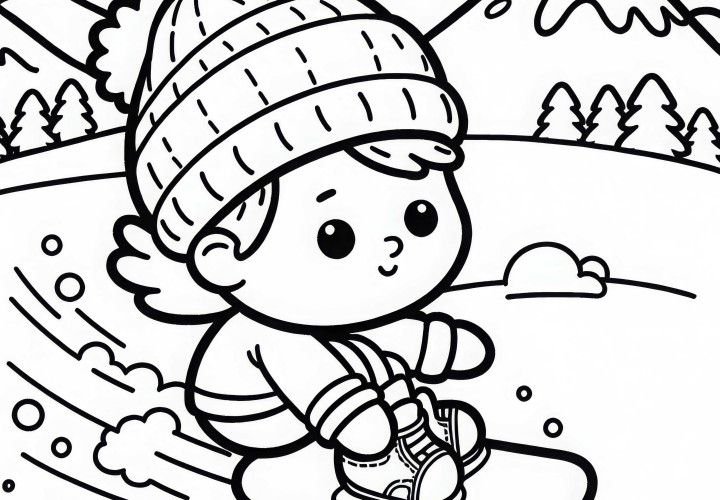 L'enfant fait ses premiers essais sur le snowboard - Image à colorier gratuite et simple
