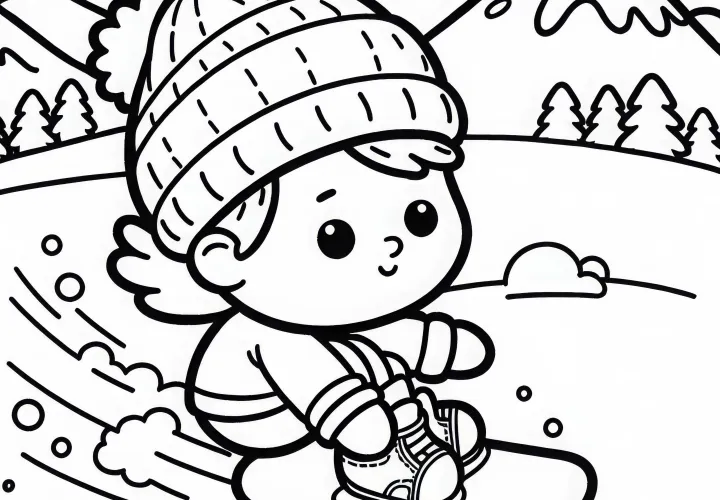 Child makes first attempts on the snowboard - Coloring page simple and free