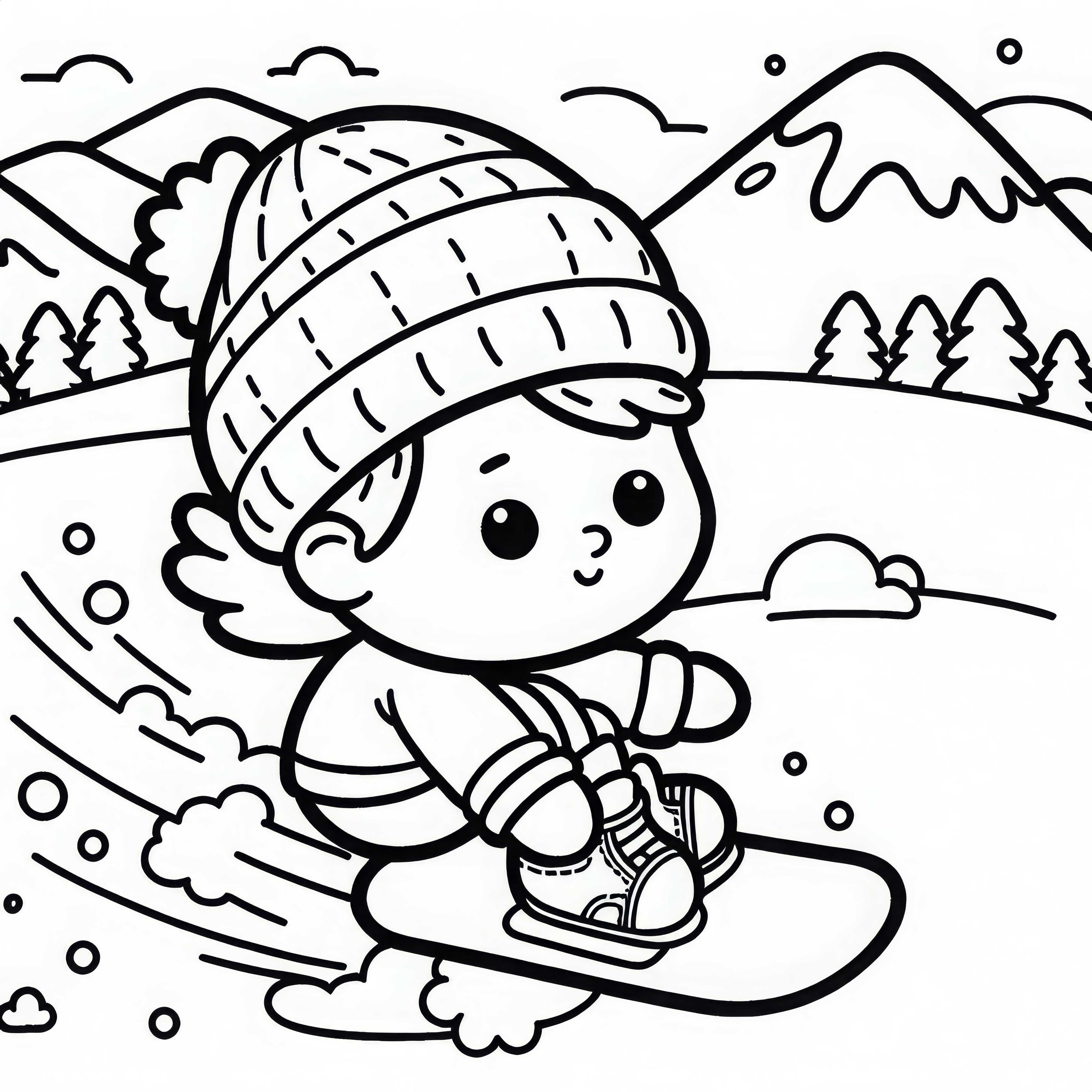 L'enfant fait ses premiers essais sur le snowboard – Dessin à colorier facile et gratuit