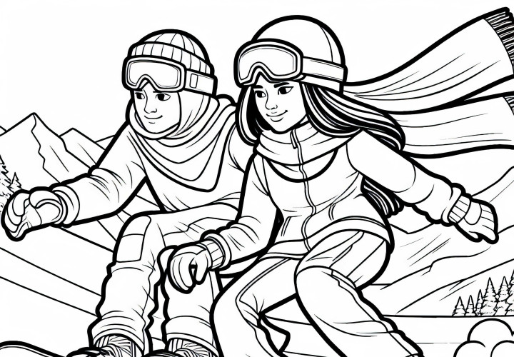 Deux snowboarders se livrent à une course - coloriage gratuit