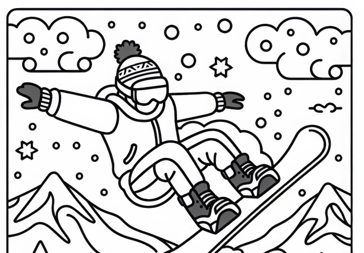 Snowboarder performs a turn in the air – Download free coloring page