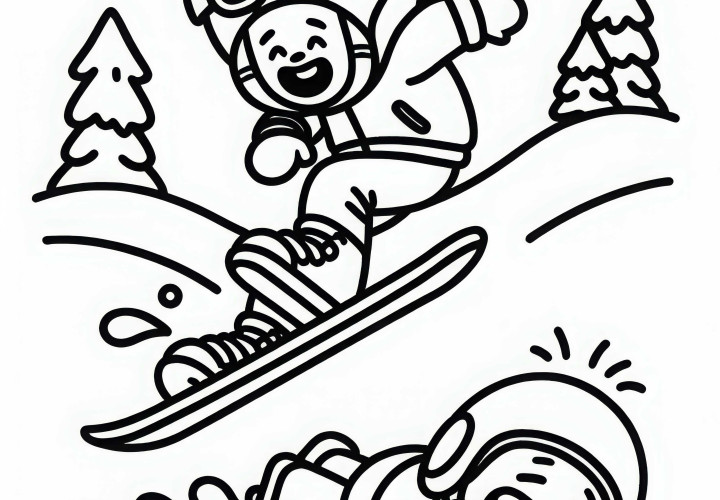 Le snowboardeur tombe dans la neige et rit - Modèle à colorier gratuit