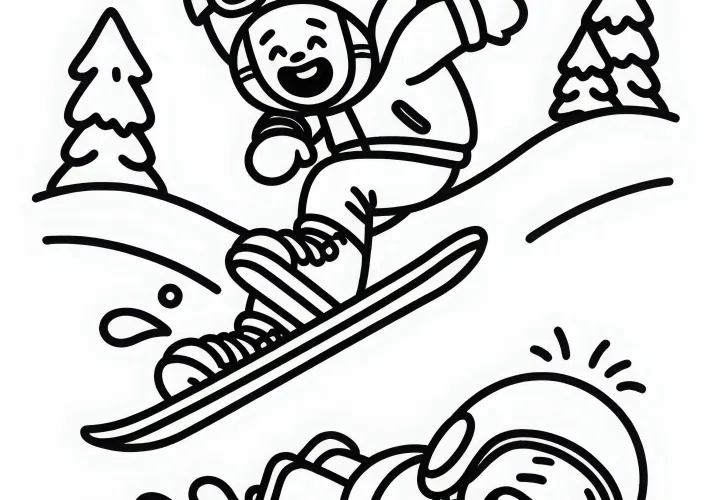 Snowboarder falls into the snow and laughs – free coloring page
