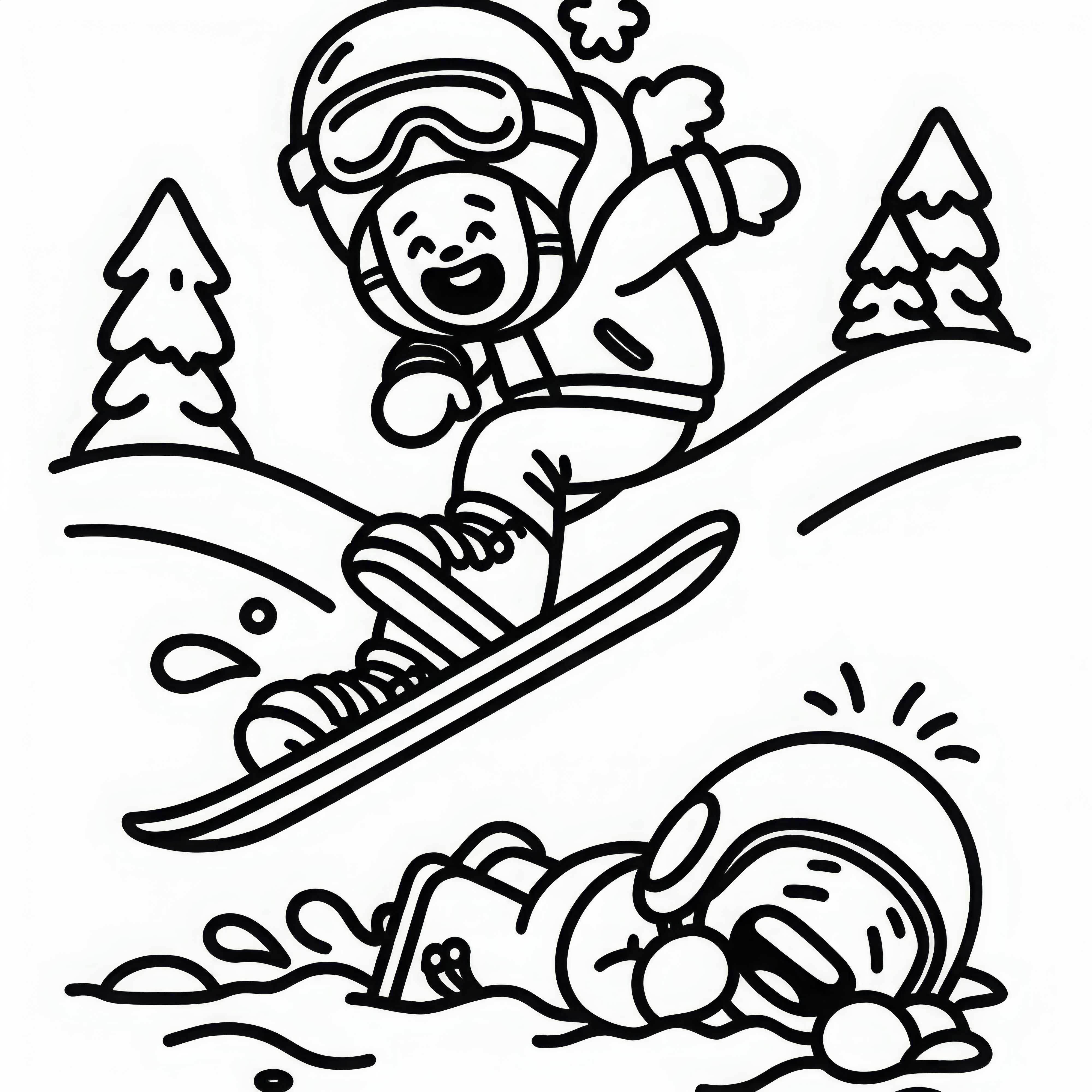Le snowboarder tombe dans la neige et rit – Modèle de coloriage gratuit