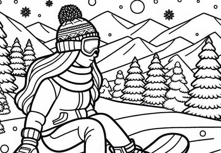 La snowboardeuse traverse un paysage d'hiver – Dessin à colorier gratuit
