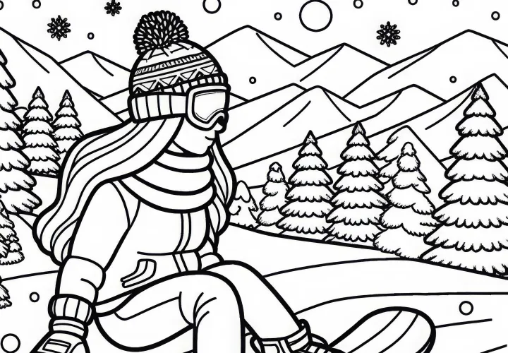Snowboarder rides through winter landscape - free coloring page