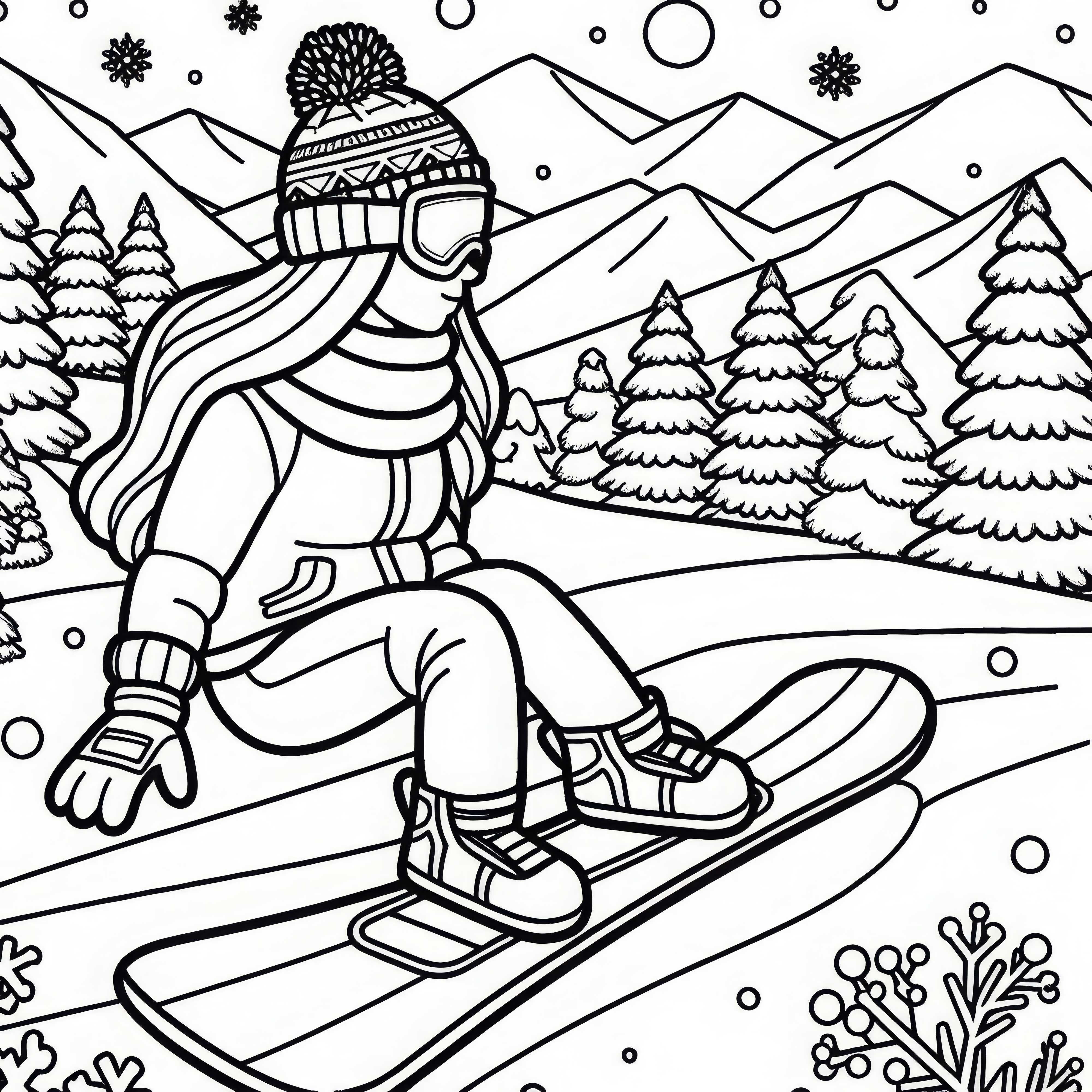 Une snowboardeuse traverse un paysage hivernal - Dessin à colorier gratuit