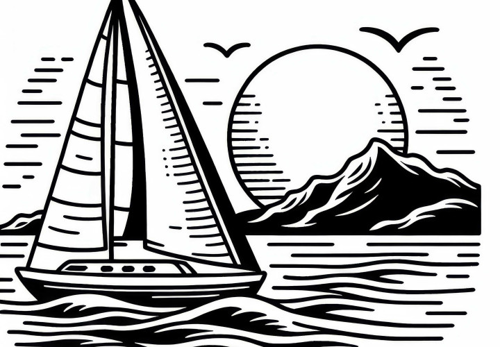 Segelboot gleitet sanft über das Wasser bei Sonnenuntergang – Ausmalbild kostenlos