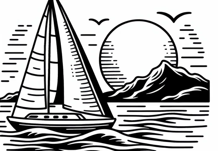 Парусная лодка мягко скользит по воде на закате – Раскраска бесплатно