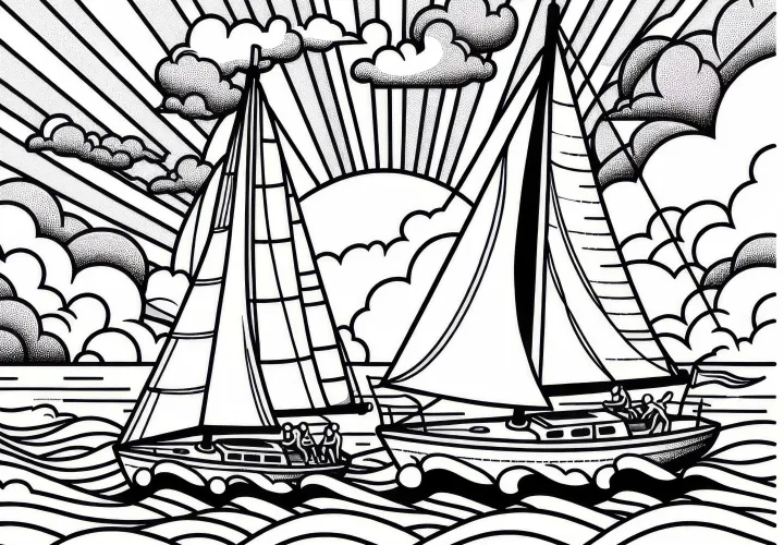 Два парусника гоняются на море – раскраска бесплатно