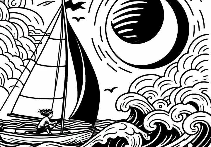 Парусник сражается с волнами при сильном ветре – раскраска бесплатно