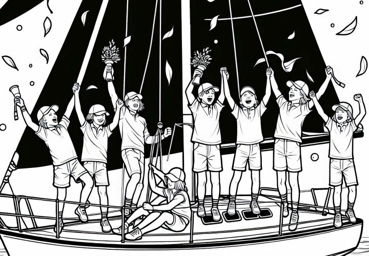 Segel-Team feiert Sieg nach Segelwettbewerb – Malvorlage kostenlos
