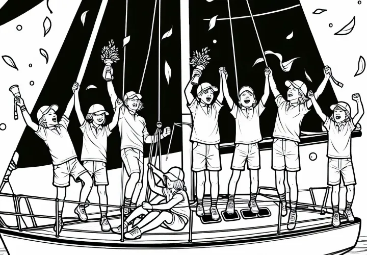 Команда по парусному спорту празднует победу после парусной регаты – бесплатная раскраска