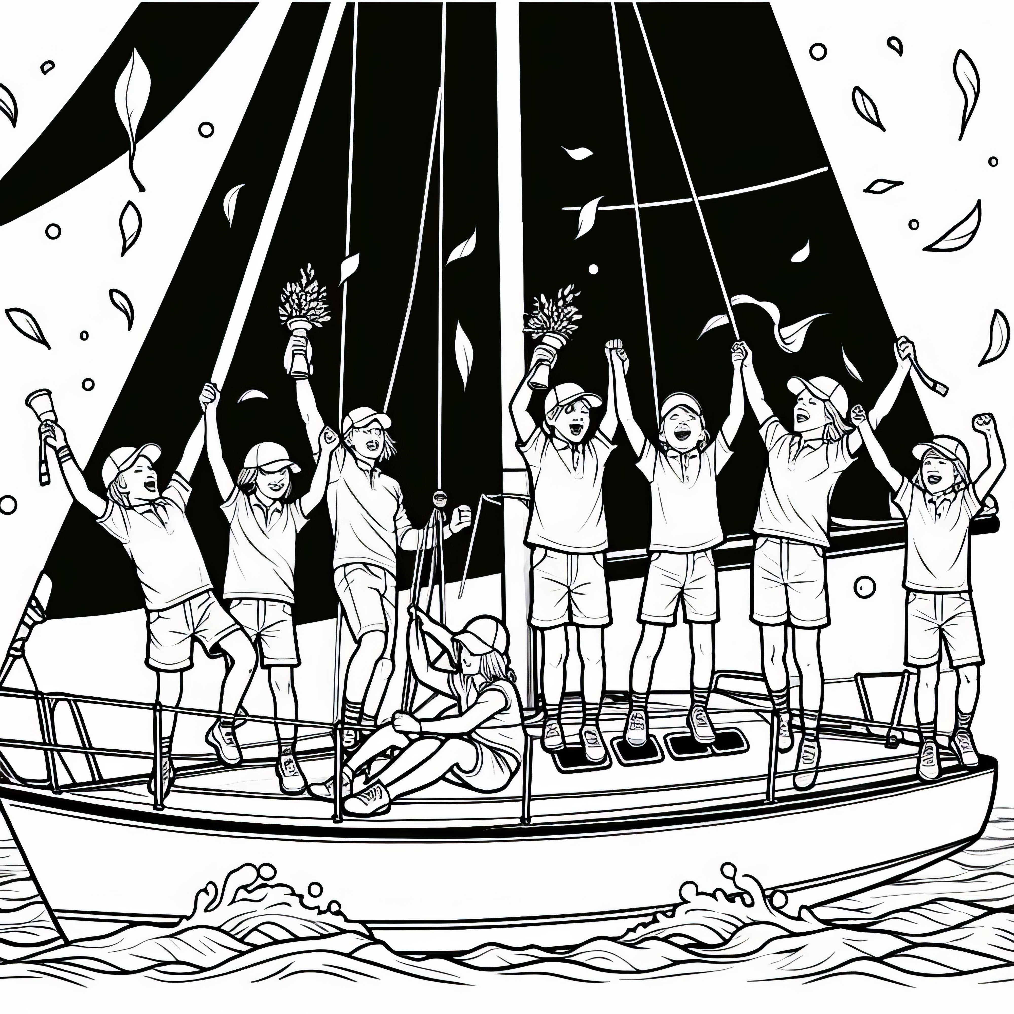 Segel-Team feiert Sieg nach Segelwettbewerb – Malvorlage kostenlos