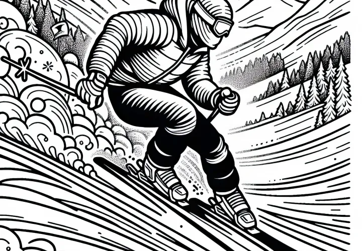 Горнолыжник мчится вниз по крутой трассе – бесплатная раскраска