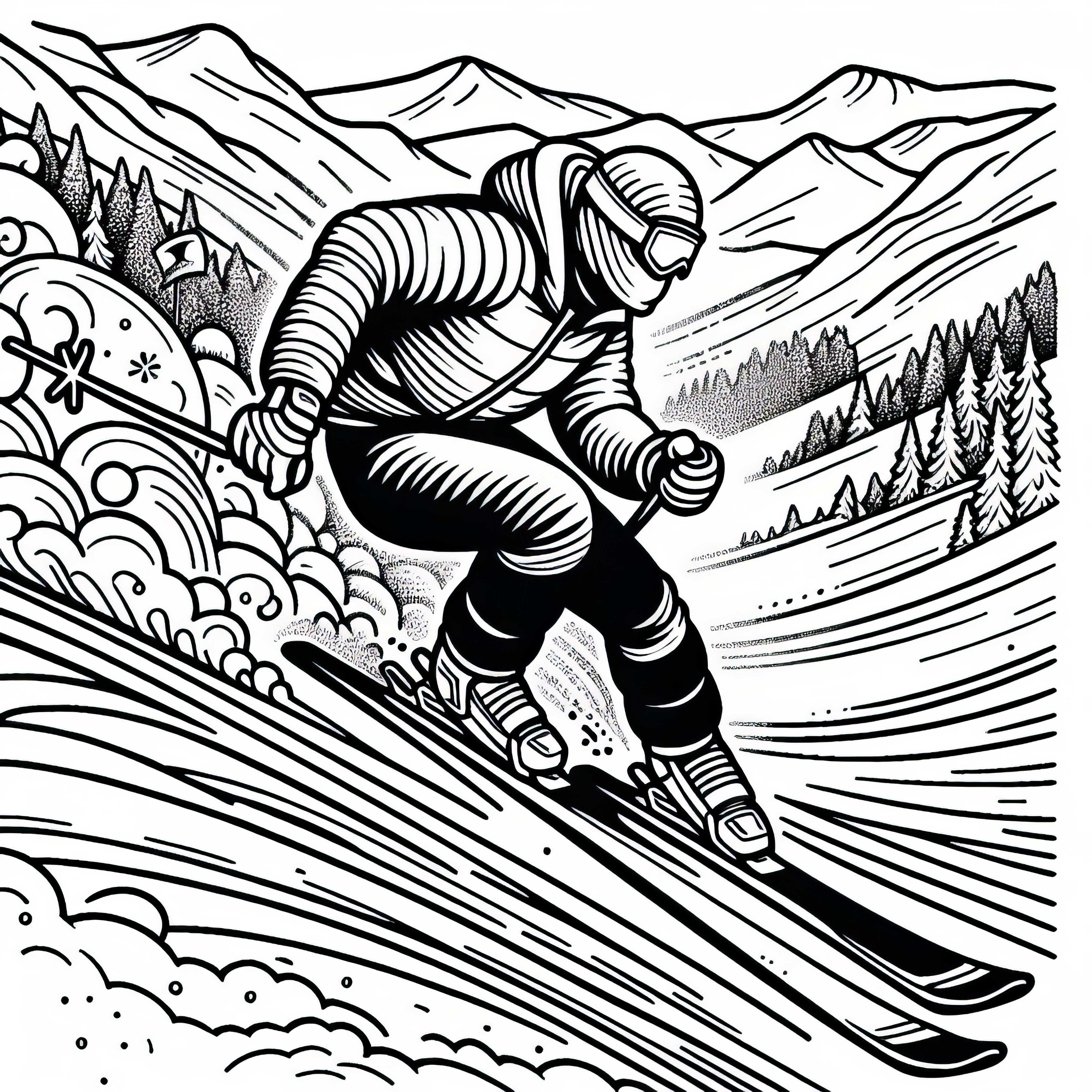 Skirennfahrer rast beim Ski-Alpin steile Piste hinunter – Malvorlage kostenlos