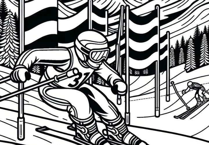 Лыжник проходит мимо слаломных ворот на гигантском слаломе - раскраска бесплатно