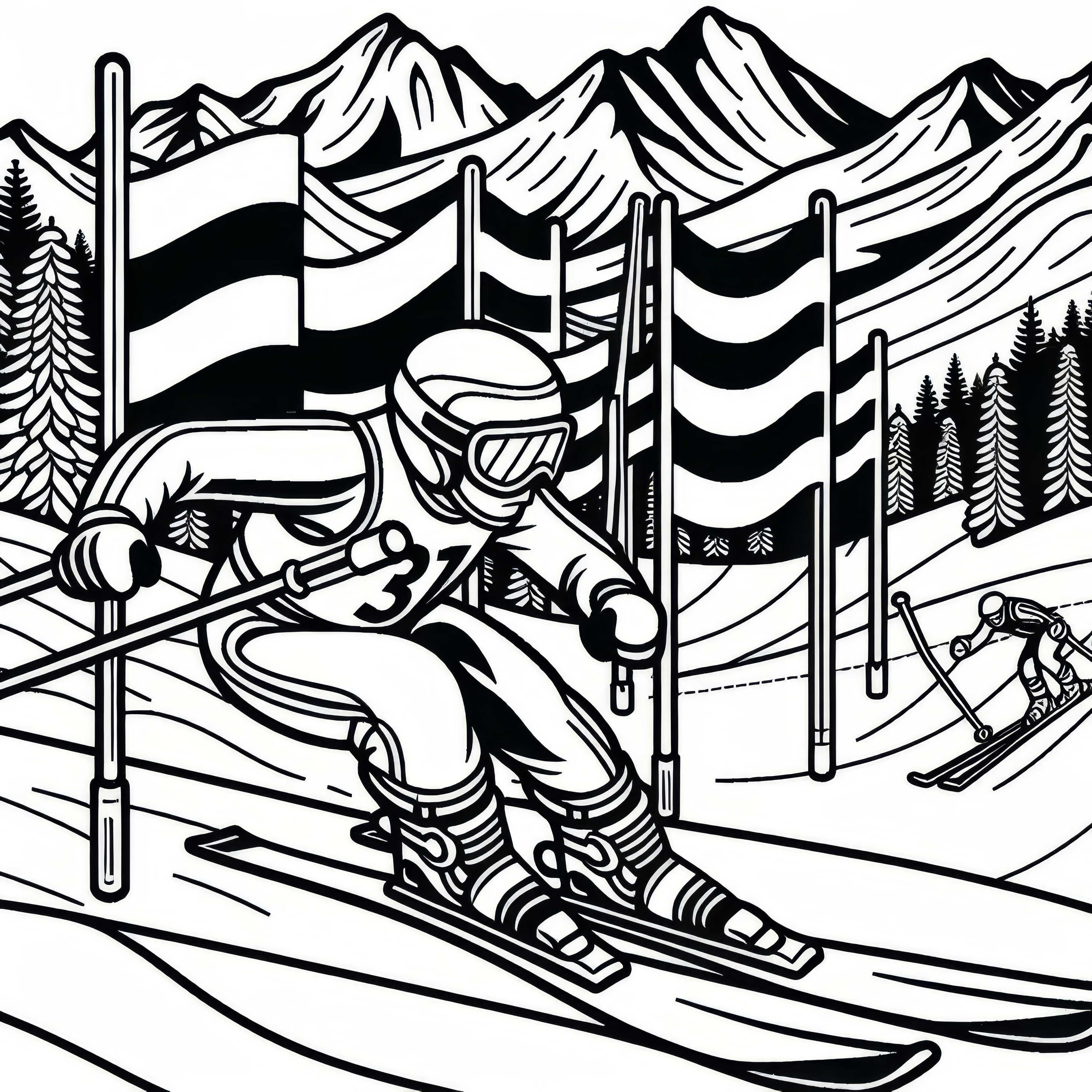 Skifahrer passiert Slalomstangen im Riesenslalom - Malvorlage kostenlos