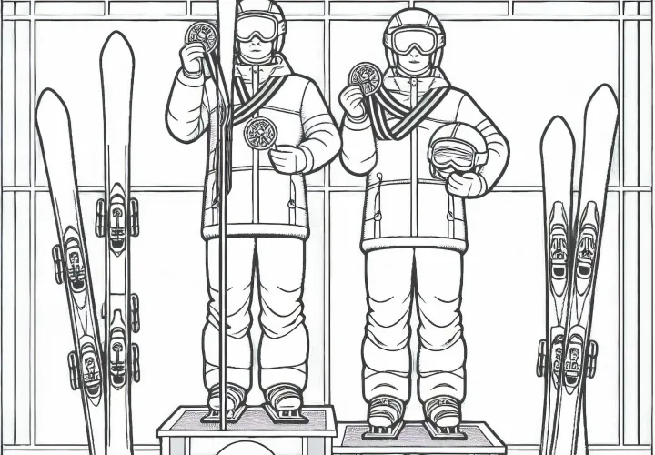 На пьедестале после горнолыжного спорта стоят два соперника – бесплатная раскраска