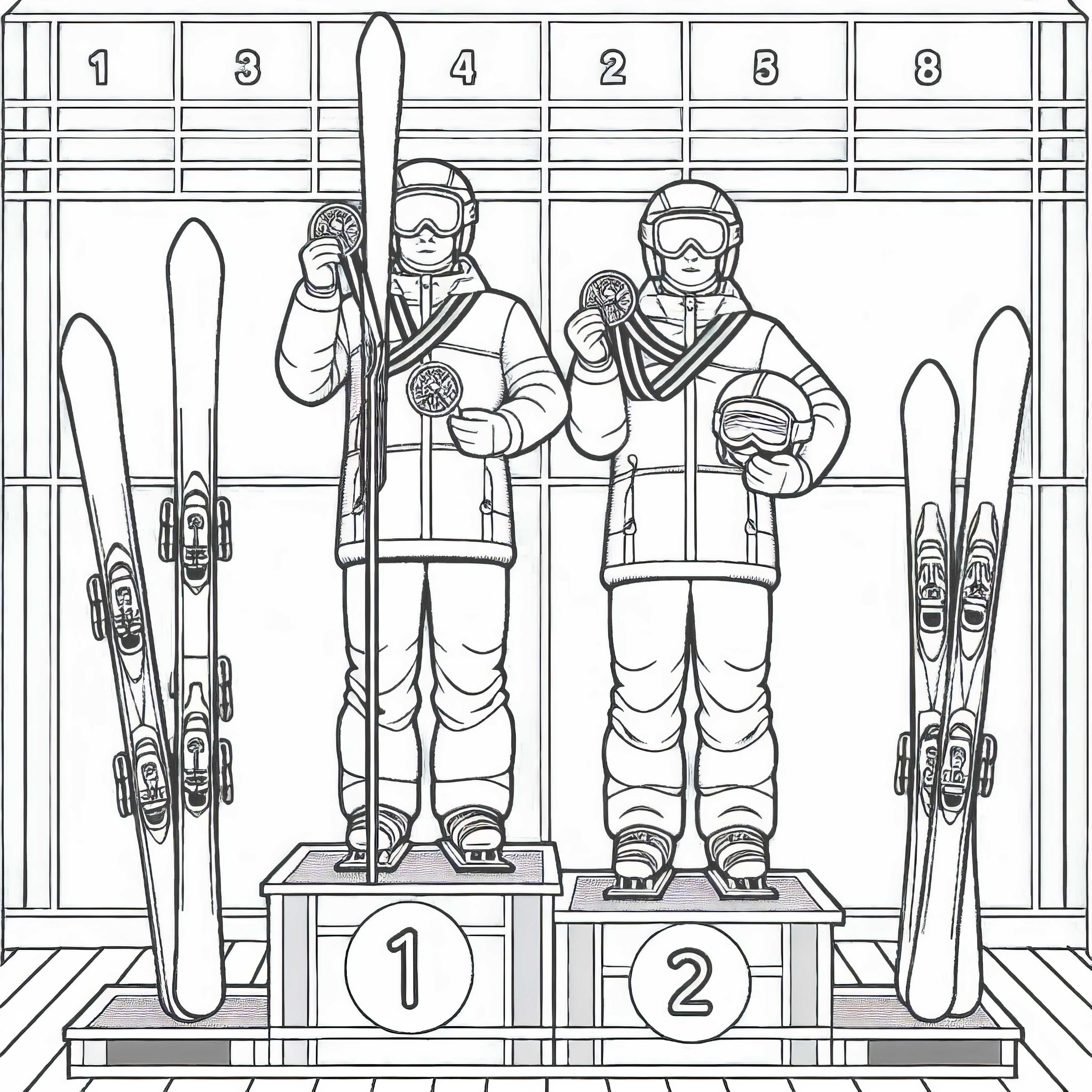 Zwei Konkurrenten stehen nach Ski-Alpin auf dem Podium – Ausmalbild gratis