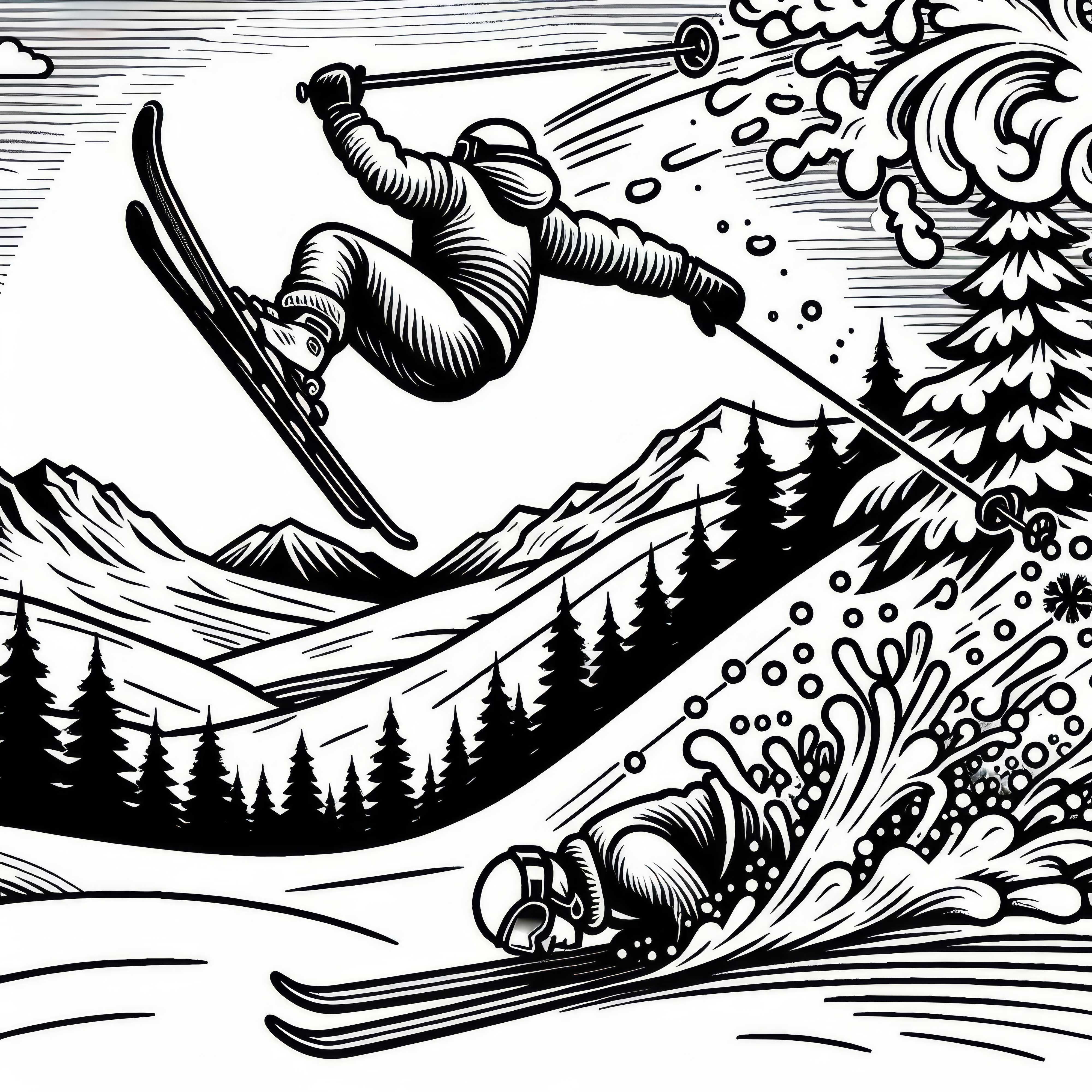 Skifahrer stürzt in Tiefschnee – Malvorlage gratis