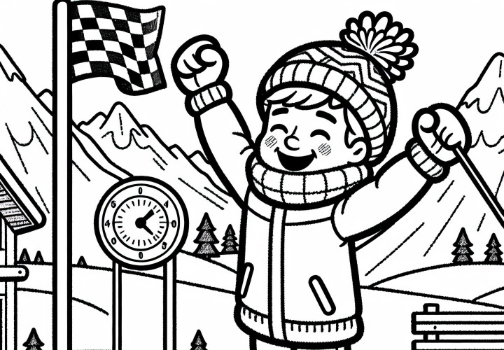 Skisportler freut sich über neue Bestzeit beim Ski-Alpin – Ausmalbild gratis