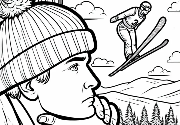 Тренер по прыжкам с трамплина следит за скачками. Скачать бесплатно раскраску с прыжками с трамплина