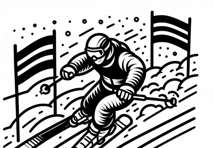 Skifahrer beim Slalom – Malvorlage einfach gratis