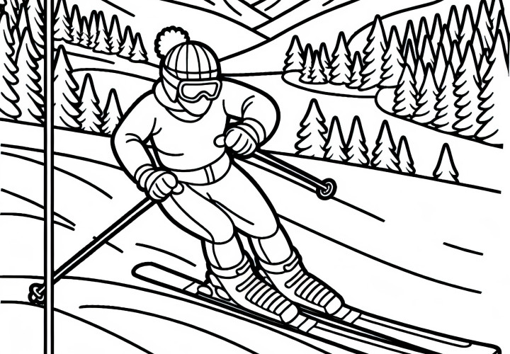 Skifahrer weicht beim Slalom einer Stange – Ausmalvorlage kostenlos