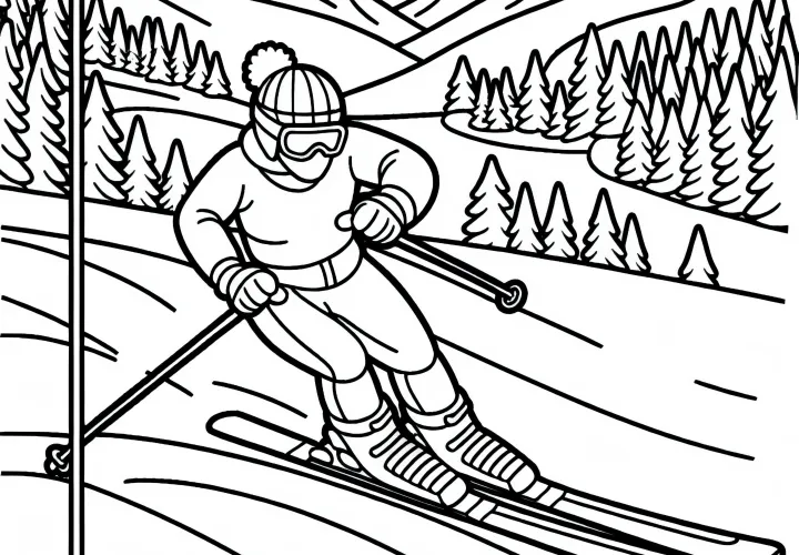 Skier avoids a pole in the slalom - free coloring template