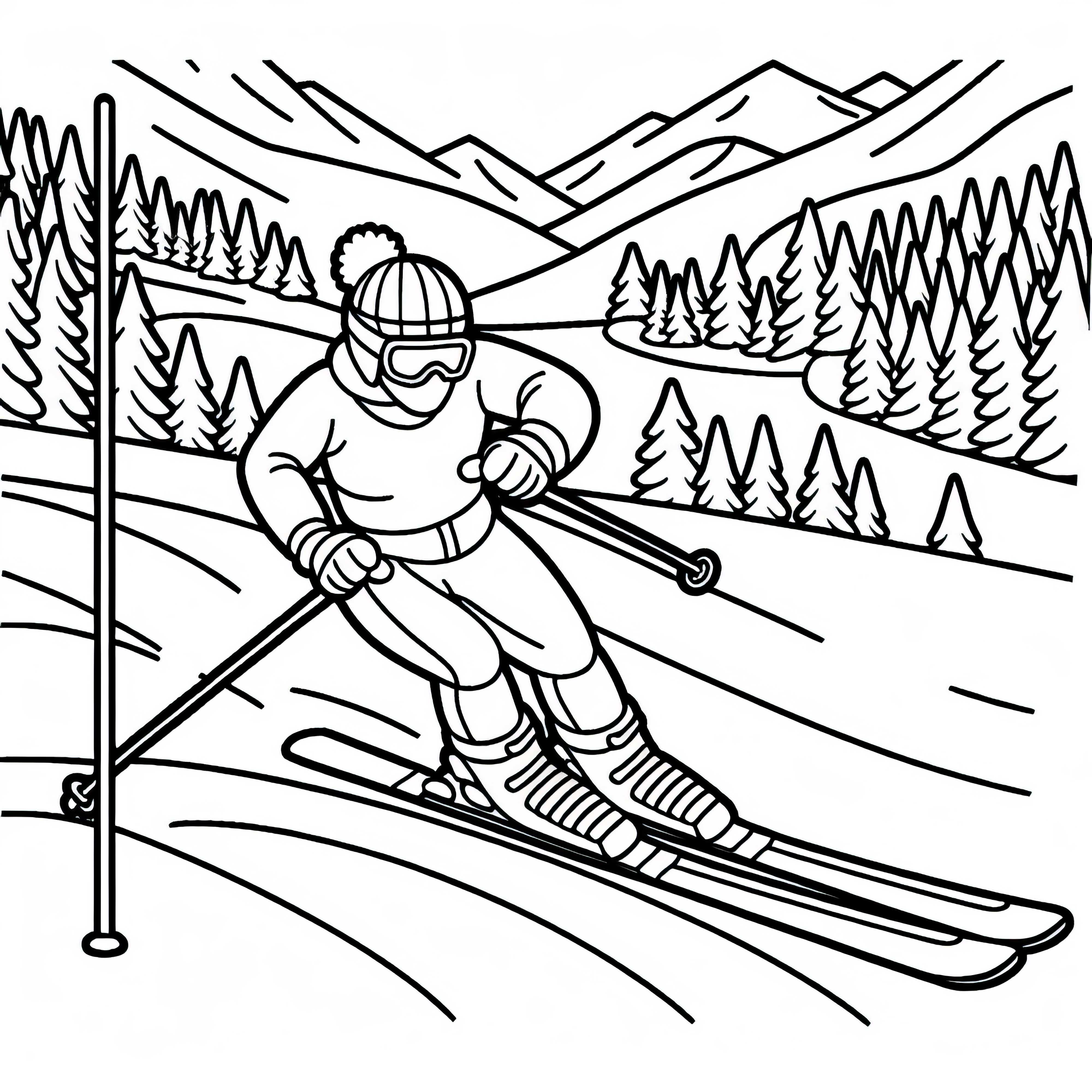 Skifahrer weicht beim Slalom einer Stange – Ausmalvorlage kostenlos