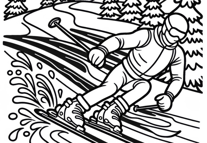 Skifahrer beim Ski-Slalom: Kostenloses Ausmalbild