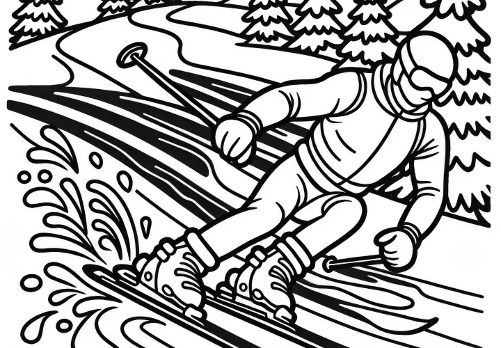 Skiers at ski slalom: Free coloring page