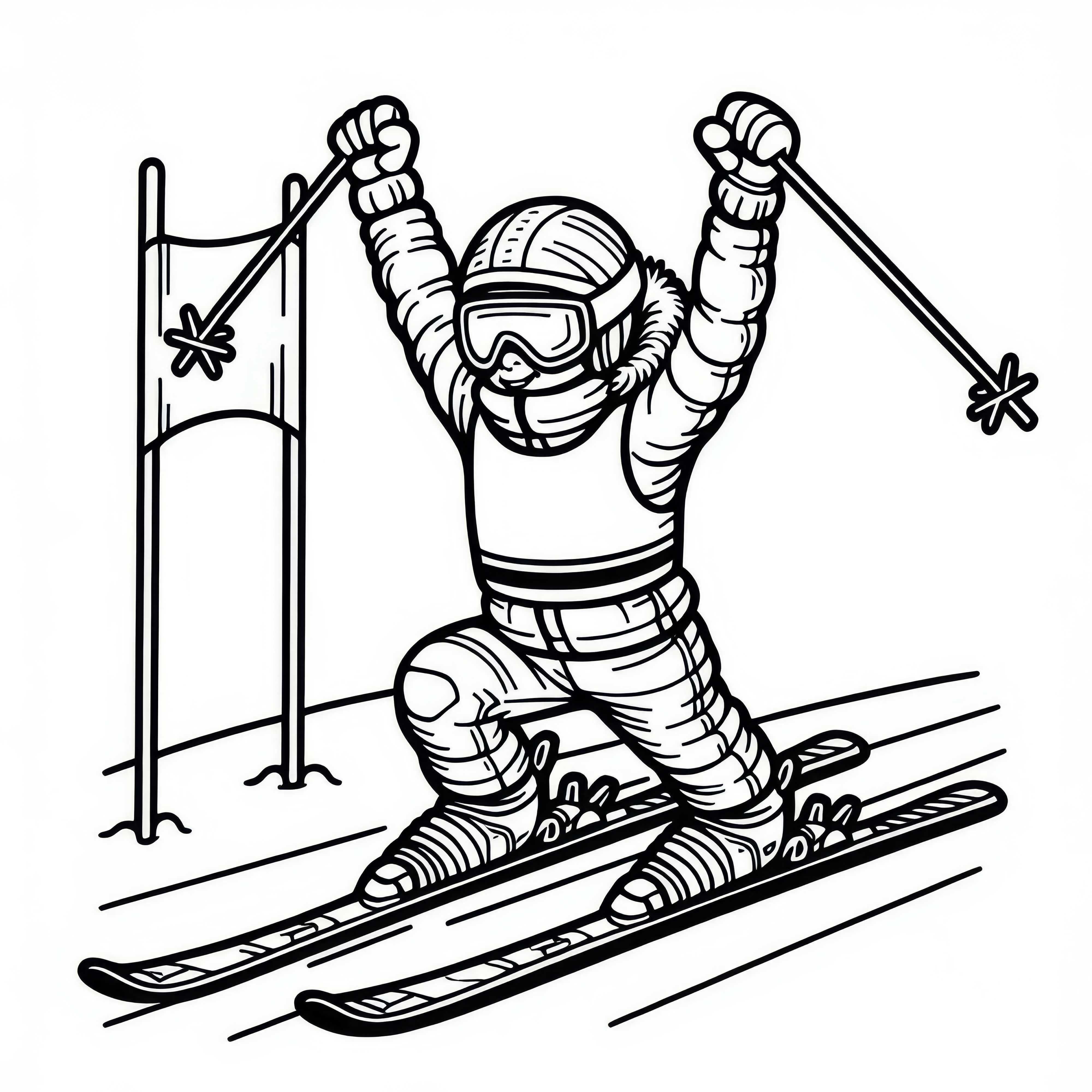 Skifahrer feiert Laufzeit beim Ski-Slalom – Ausmalbild kostenlos