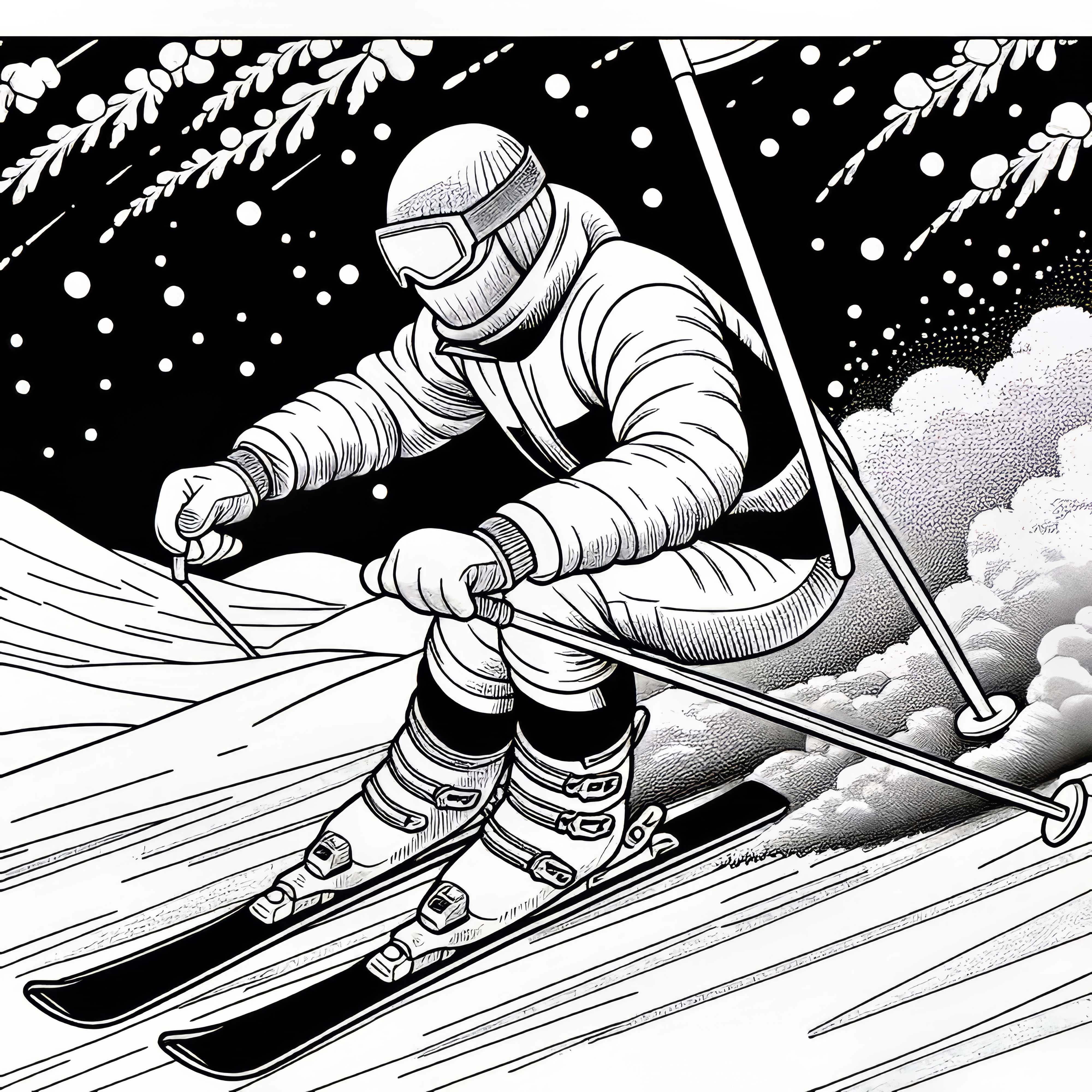 Skifahrer beim Ski-Slalom – Malvorlage kostenlos
