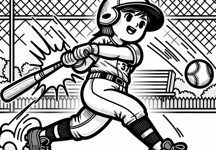 Pemain softball memukul bola dengan penuh kekuatan ke lapangan – Gambar untuk diwarnai gratis