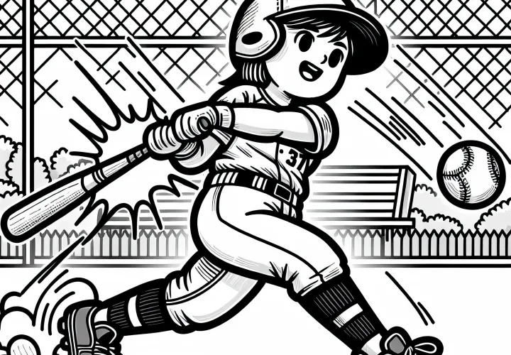 Softball player hits the ball with full force into the field - Free coloring page